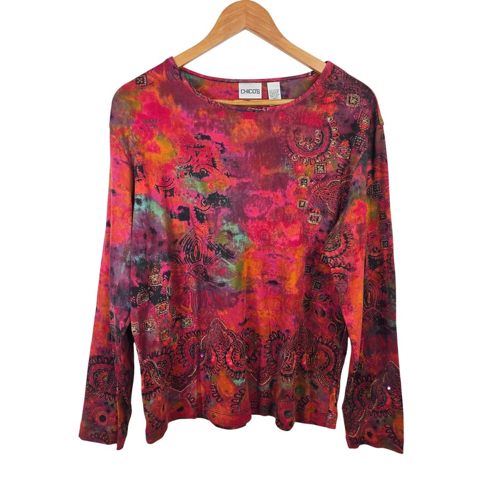 Chicos Size 3 Red Pink Abstract Paisley Sequin Embellished Cotton Top Y2K L XL
